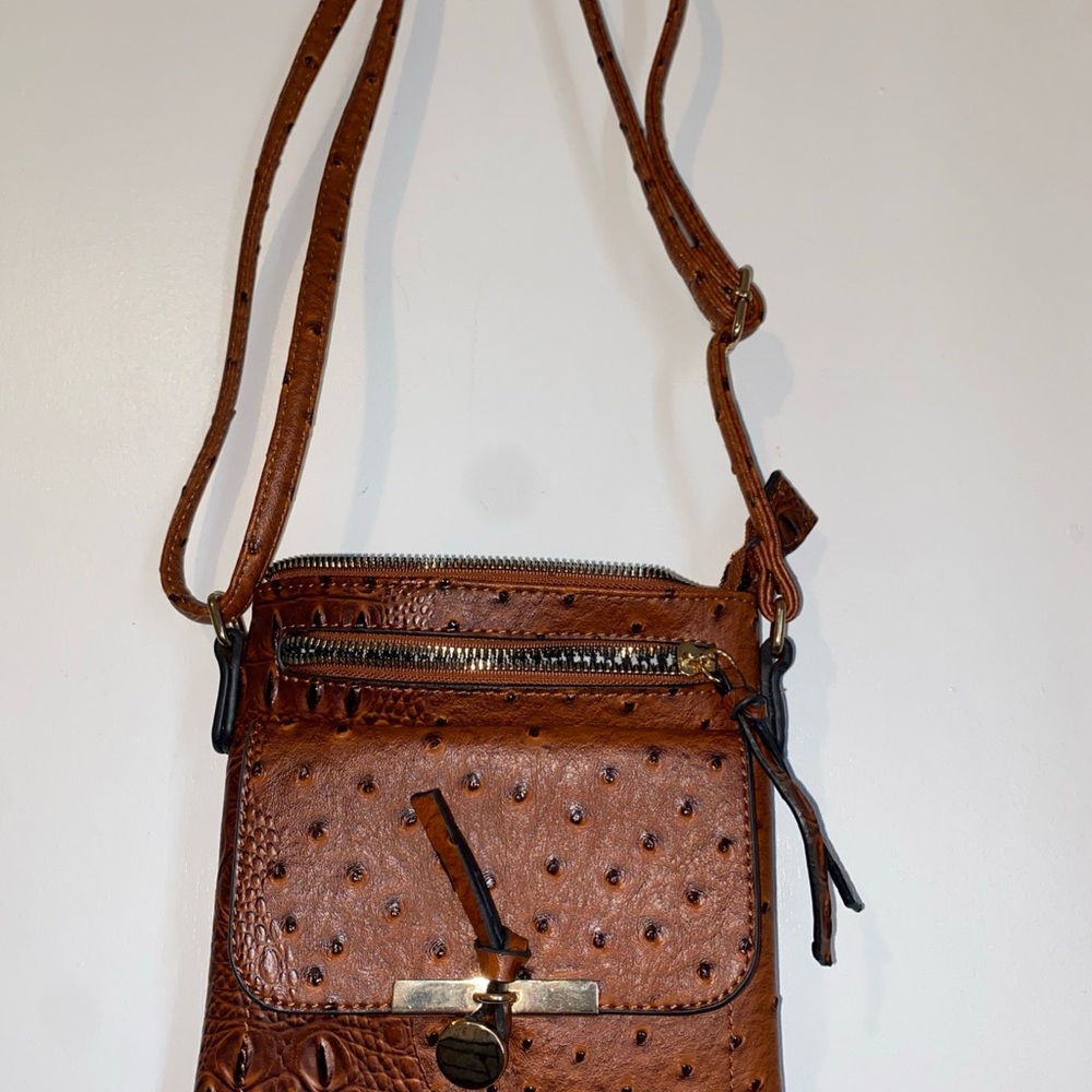 Elegant Tan Vegan Leather Faux Ostrich Crossbody Bag